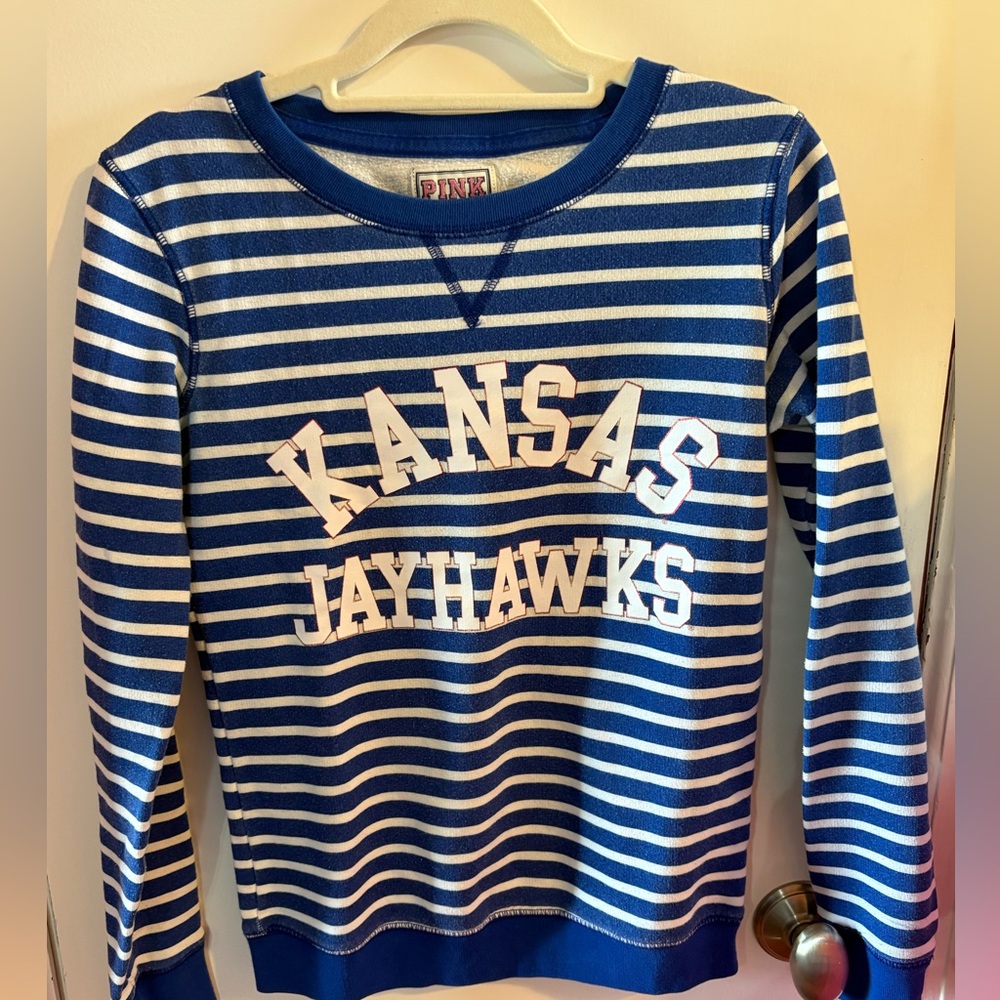 PINK Victoria Secret Blue and White Striped Kansas Jayhawks Sweatshirt - Picture 1 of 5